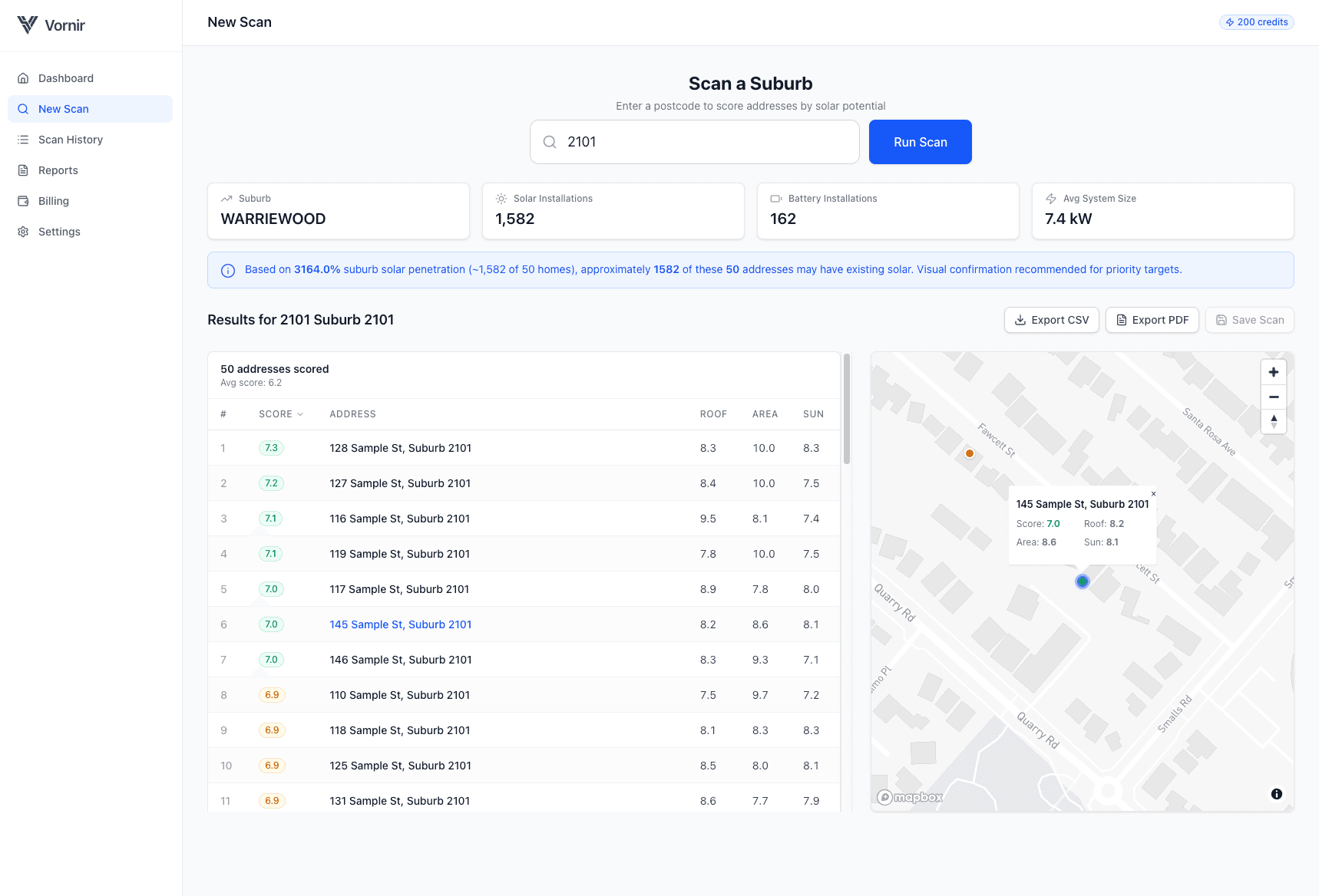 Vornir dashboard showing property intelligence data on an interactive map